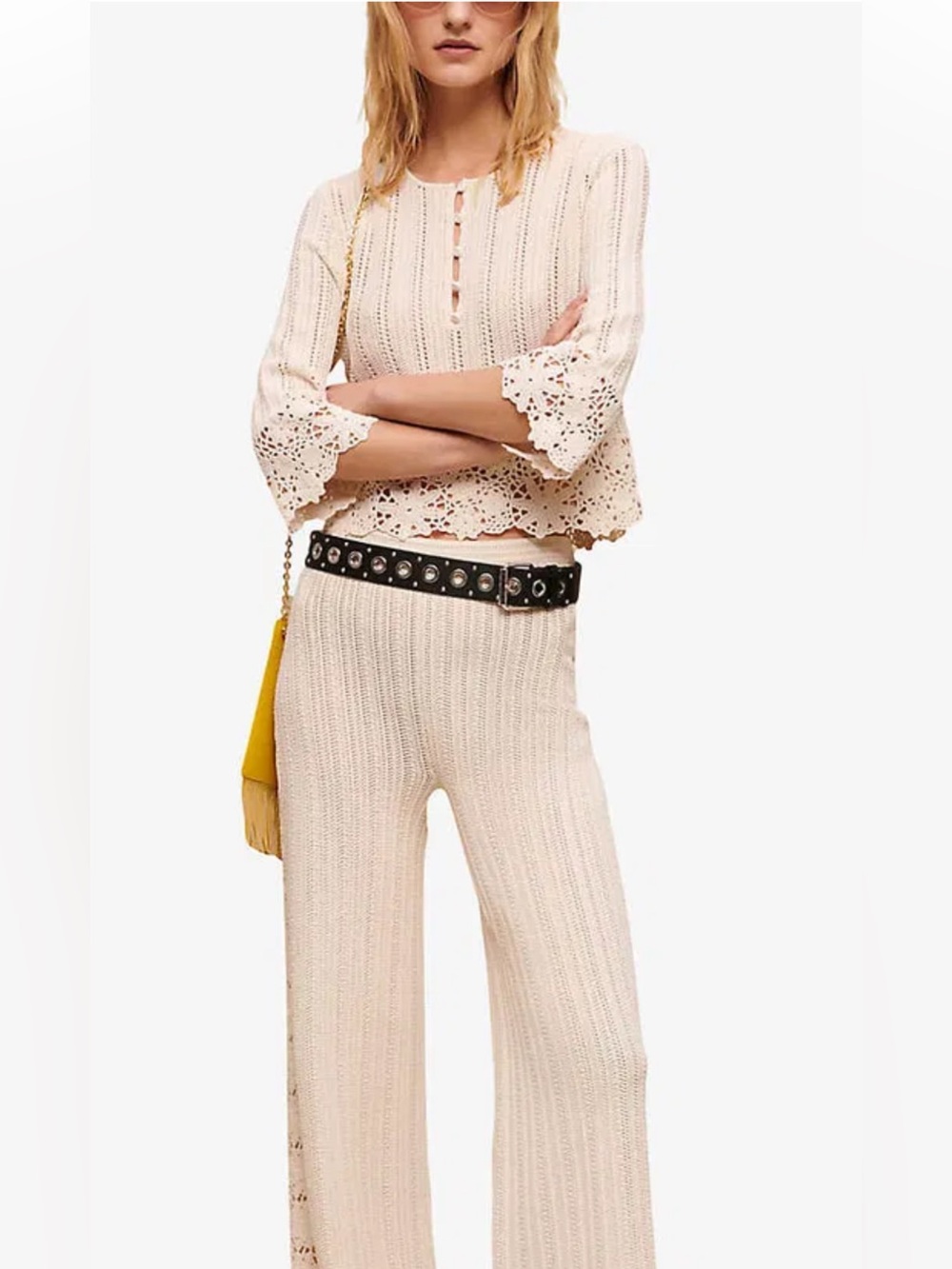 MAJE Ivory Crochet-Trim Sweater and Pant Matching Knit Set
